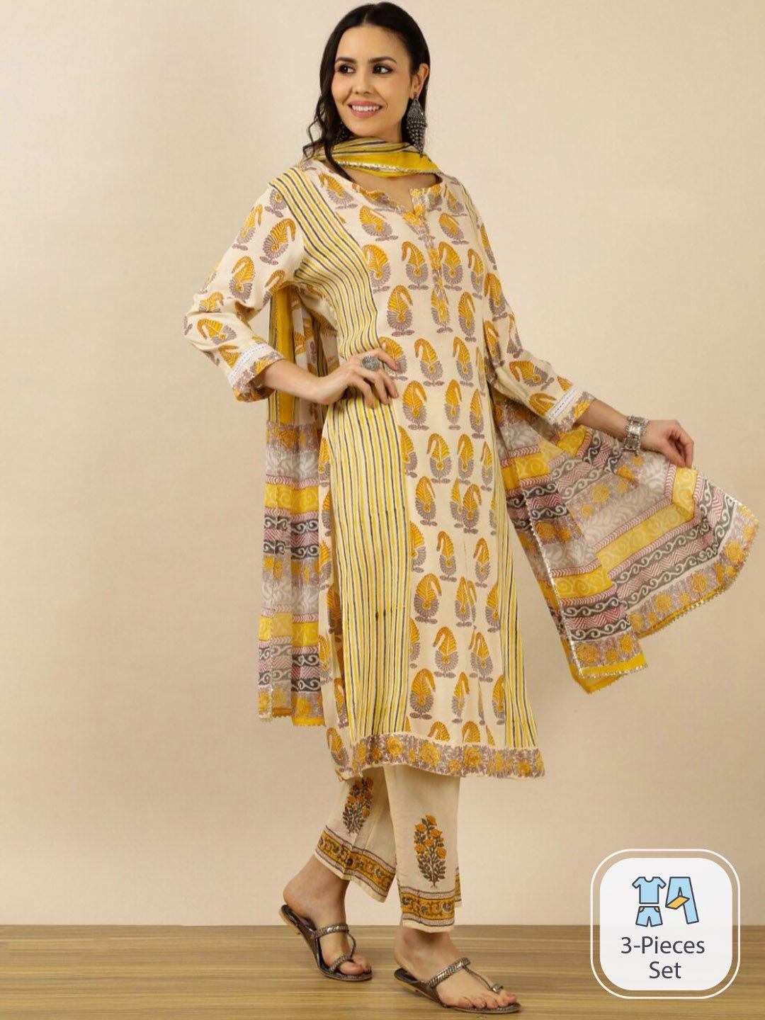 indokash ethnic motifs printed regular pure cotton kurta & trousers with dupatta