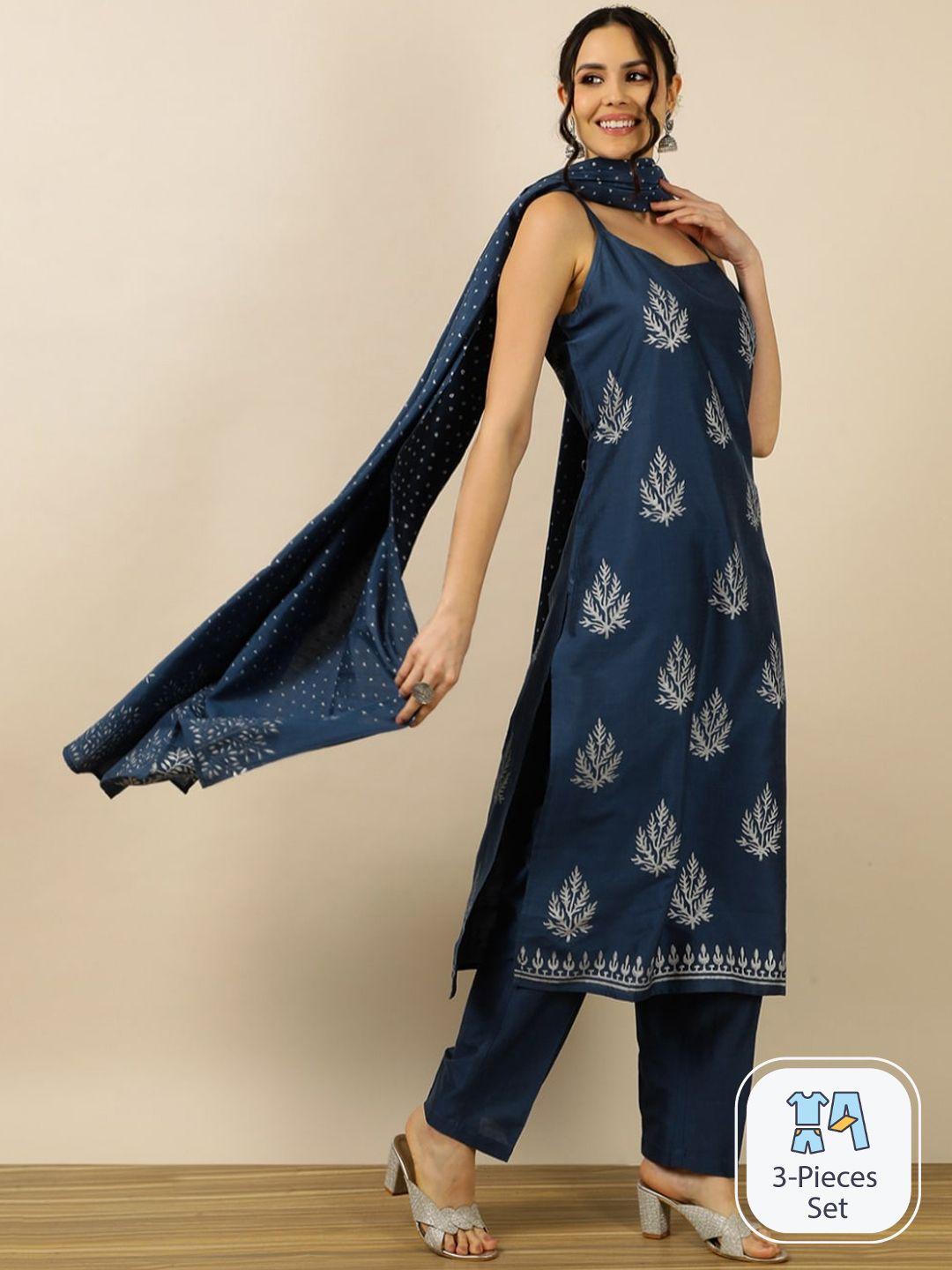 indokash ethnic motifs printed regular pure cotton kurta with trousers & dupatta
