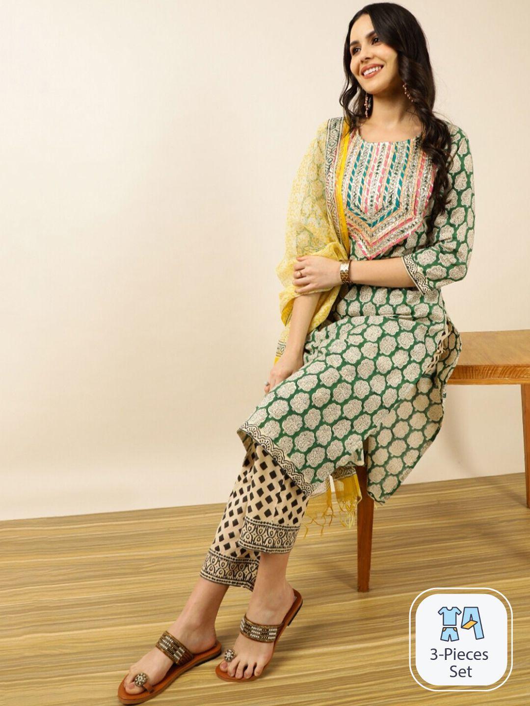 indokash floral printed gotta patti pure cotton kurta with trousers & dupatta