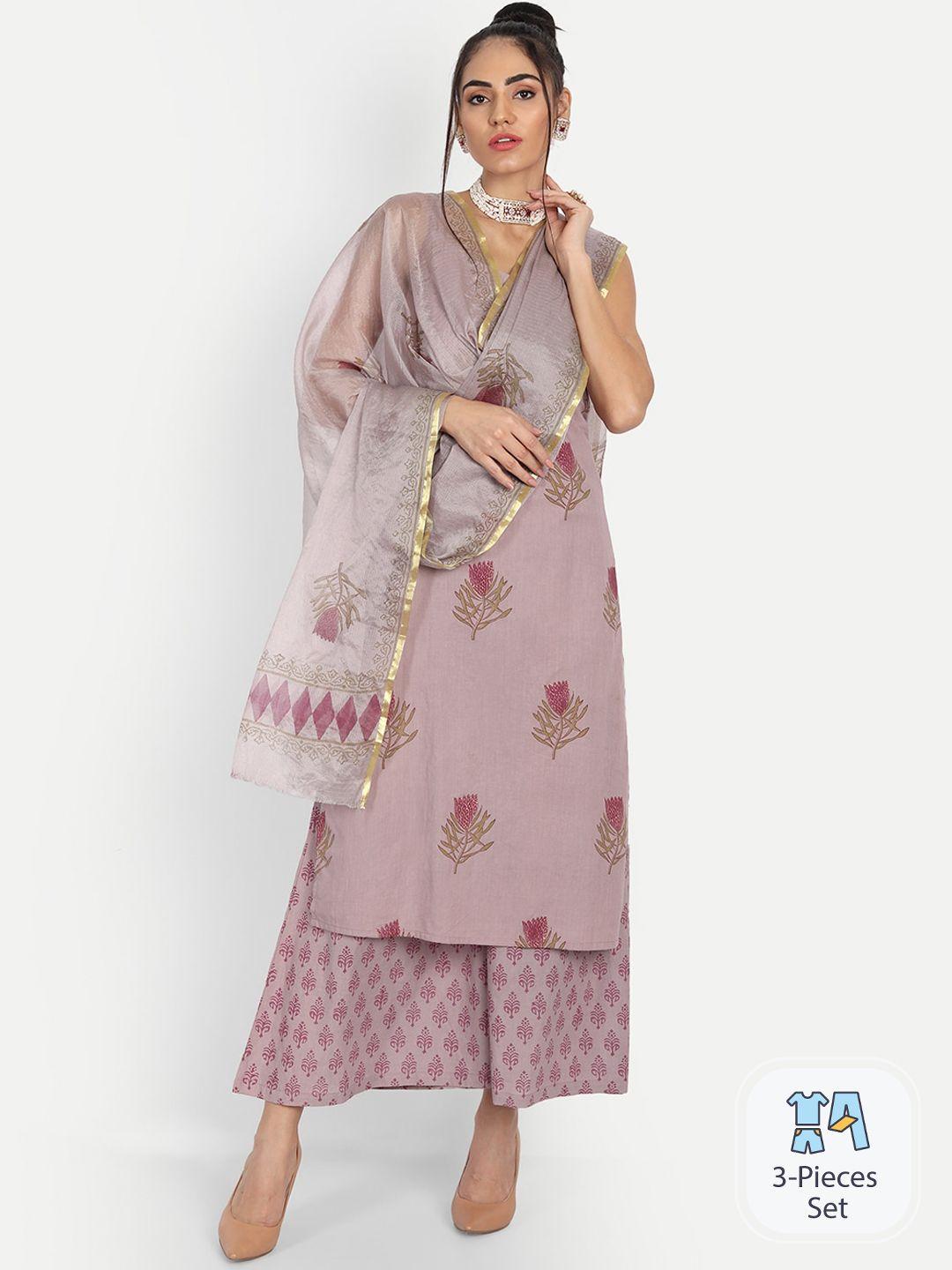 indokash floral printed pure cotton a-line kurta with palazzos & dupatta