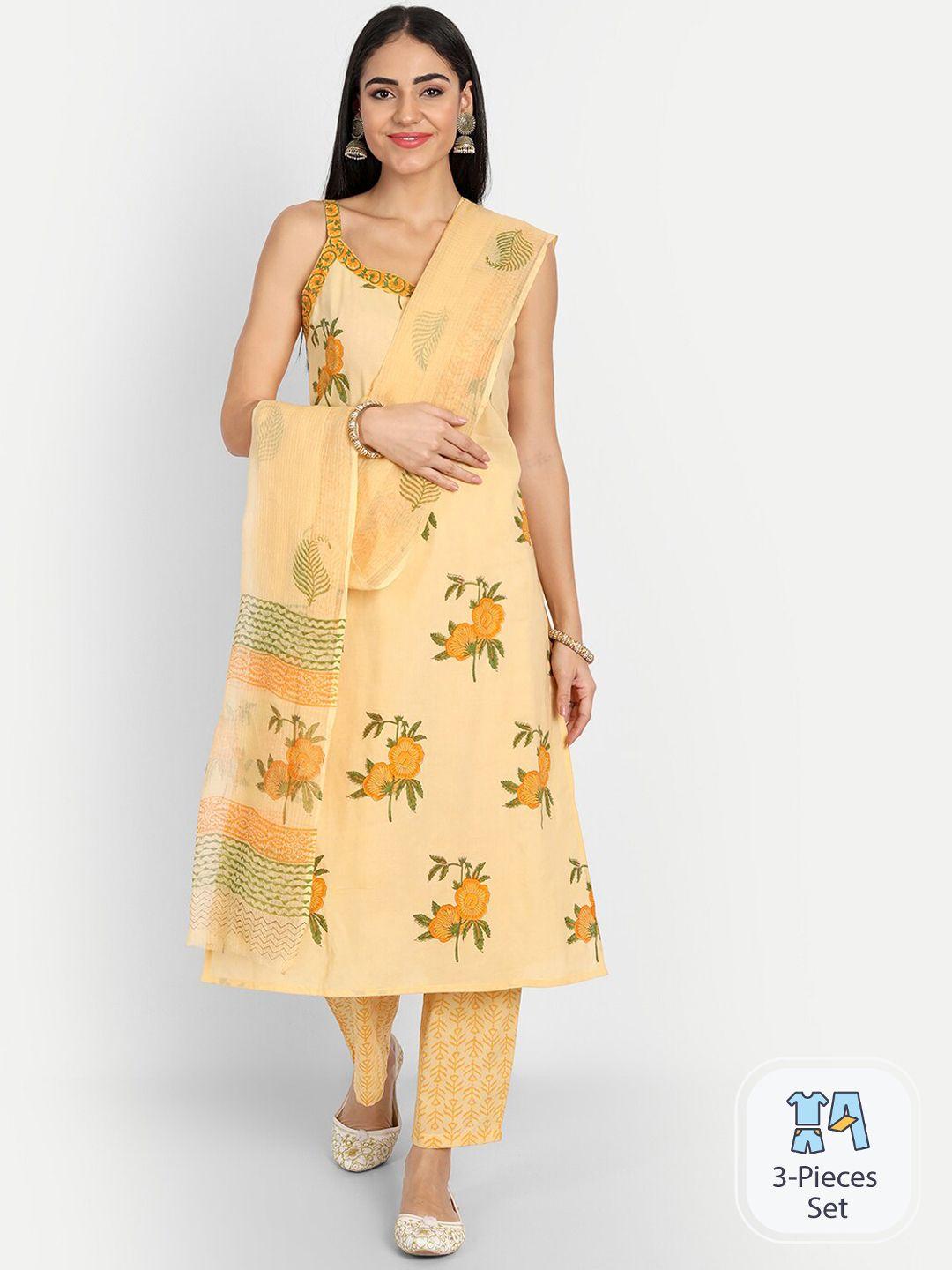 indokash floral printed pure cotton kurta & trousers with dupatta