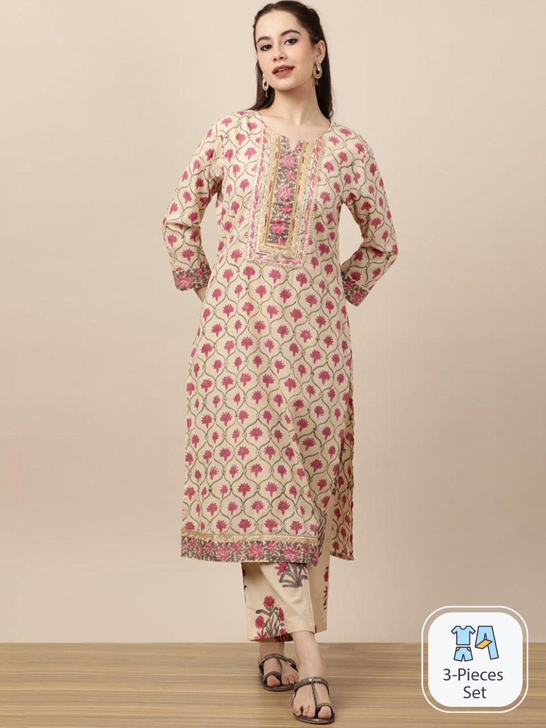 indokash floral printed regular gotta patti pure cotton kurta with trousers & with dupatta