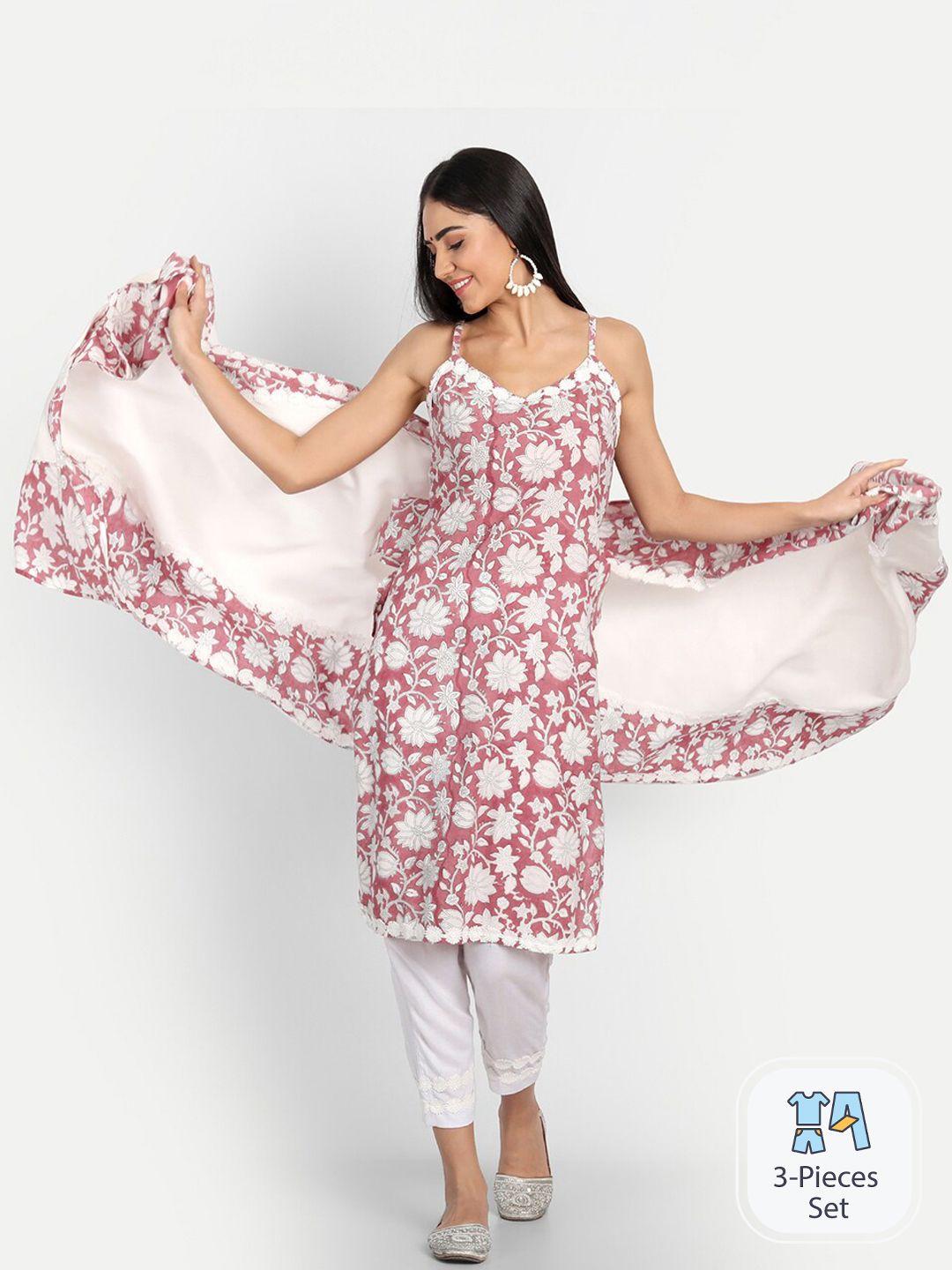 indokash floral printed regular pure cotton kurta with trousers & dupatta