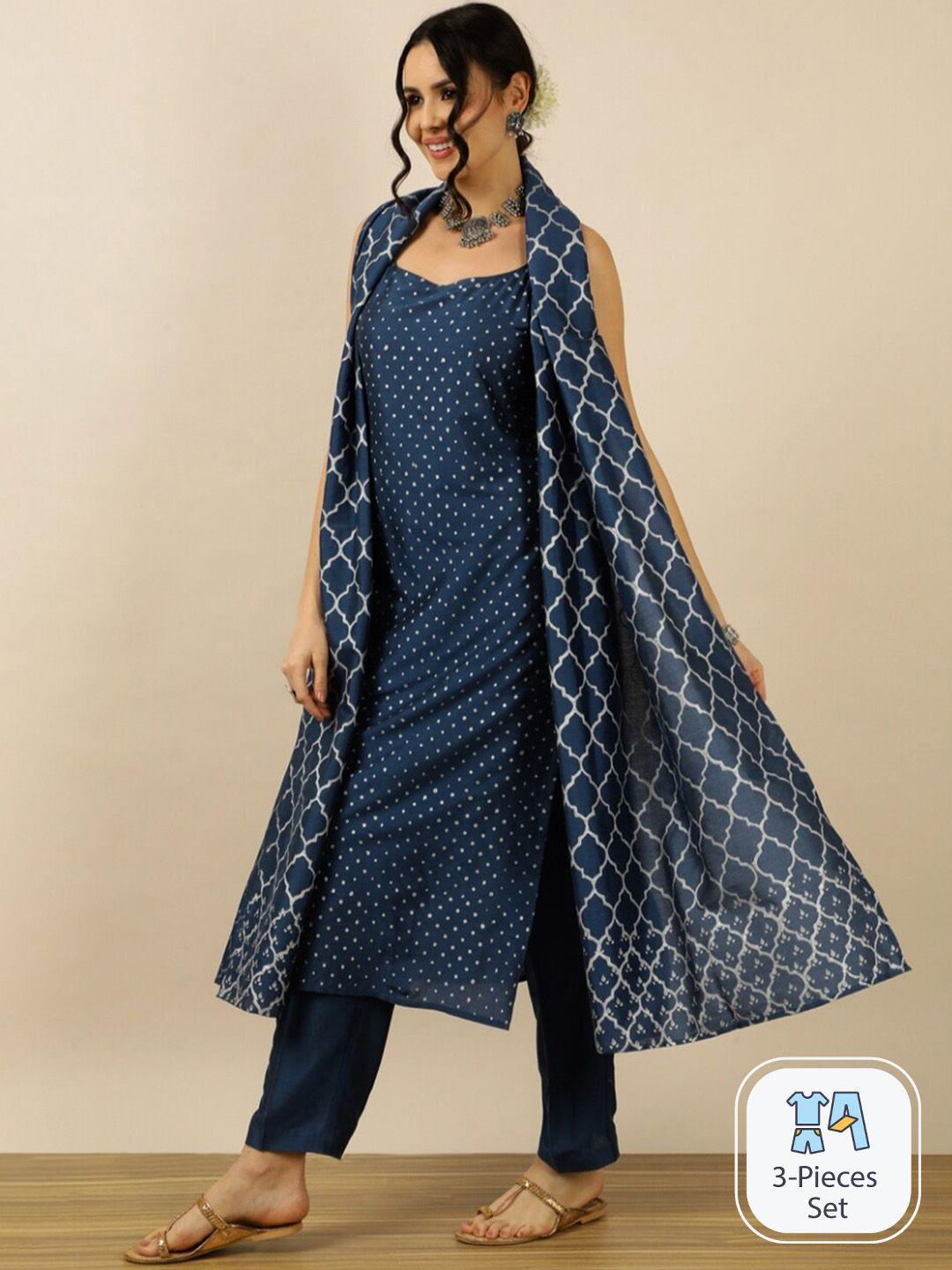 indokash geometric printed shoulder straps regular cotton kurta with trousers & dupatta