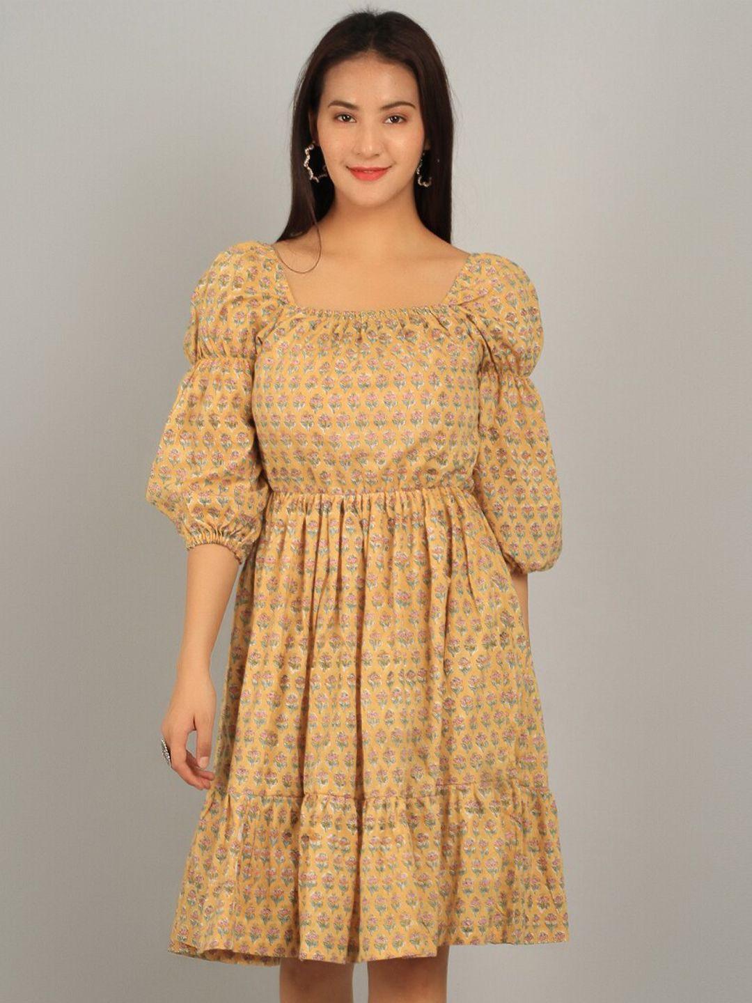 indophilia-floral-printed-puff-sleeve-pure-cotton-fit-&-flare-dress