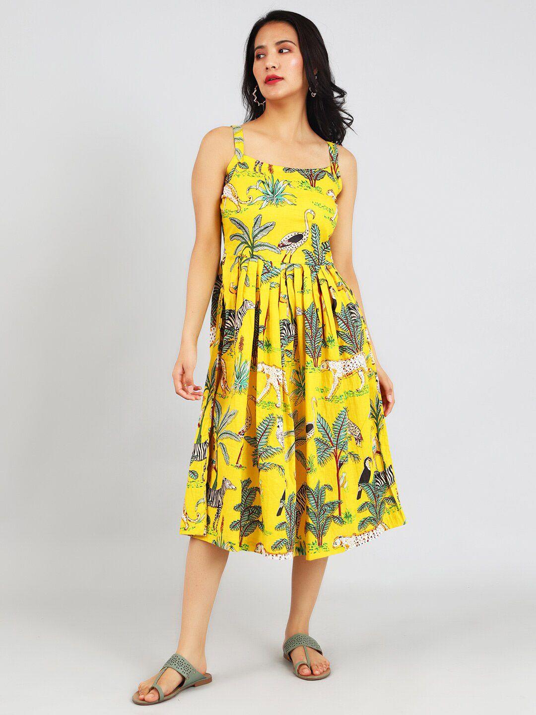 indophilia floral printed sleeveless fit & flare midi cotton dress