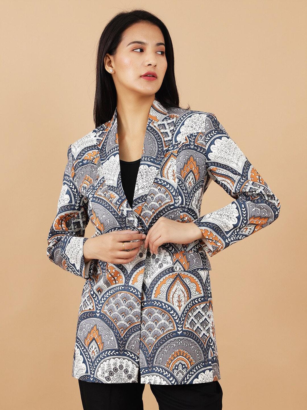 indophilia printed notched lapel single breasted cotton blazer