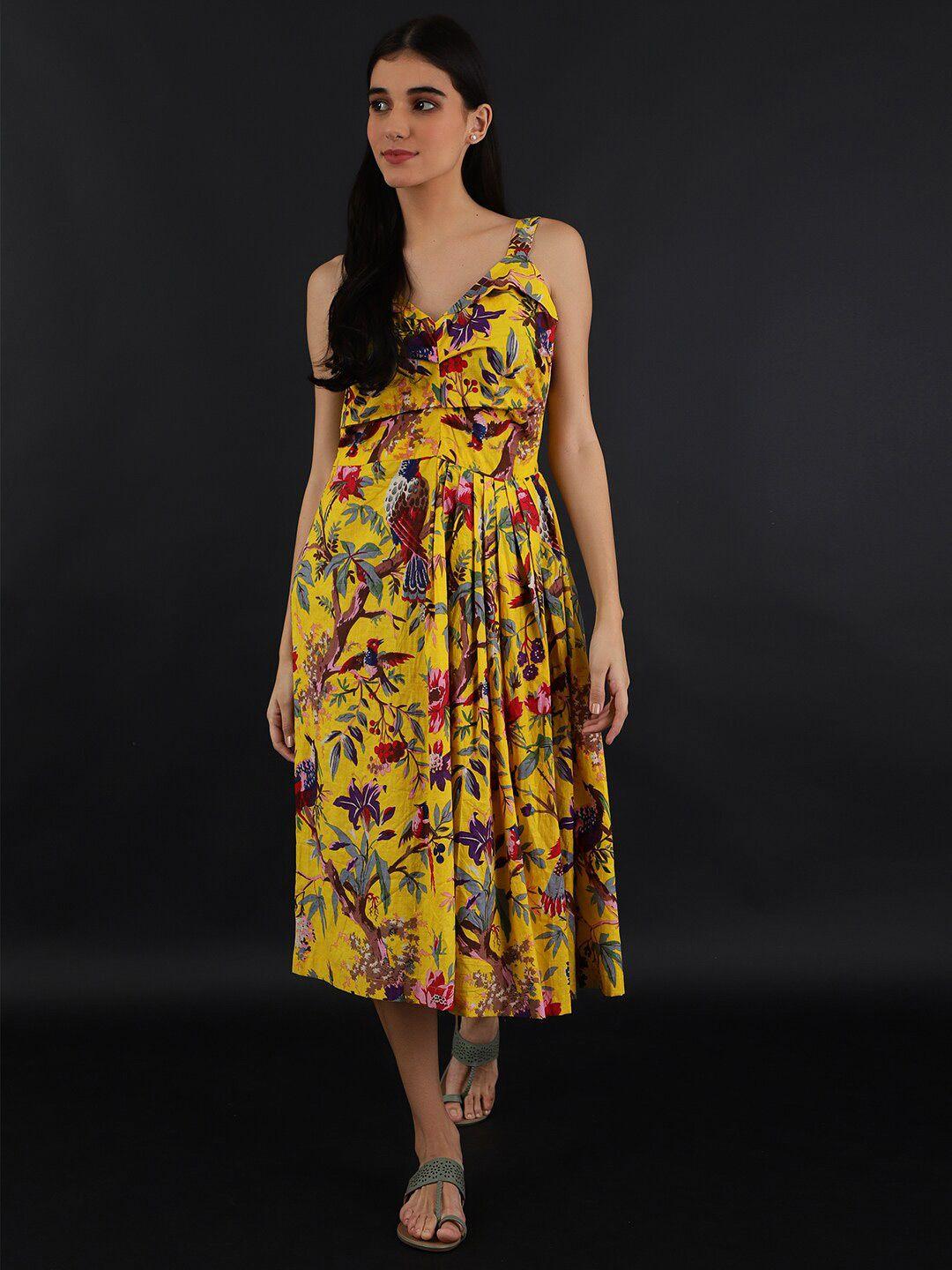 indophilia yellow floral printed pleated fit & flare cotton midi dress