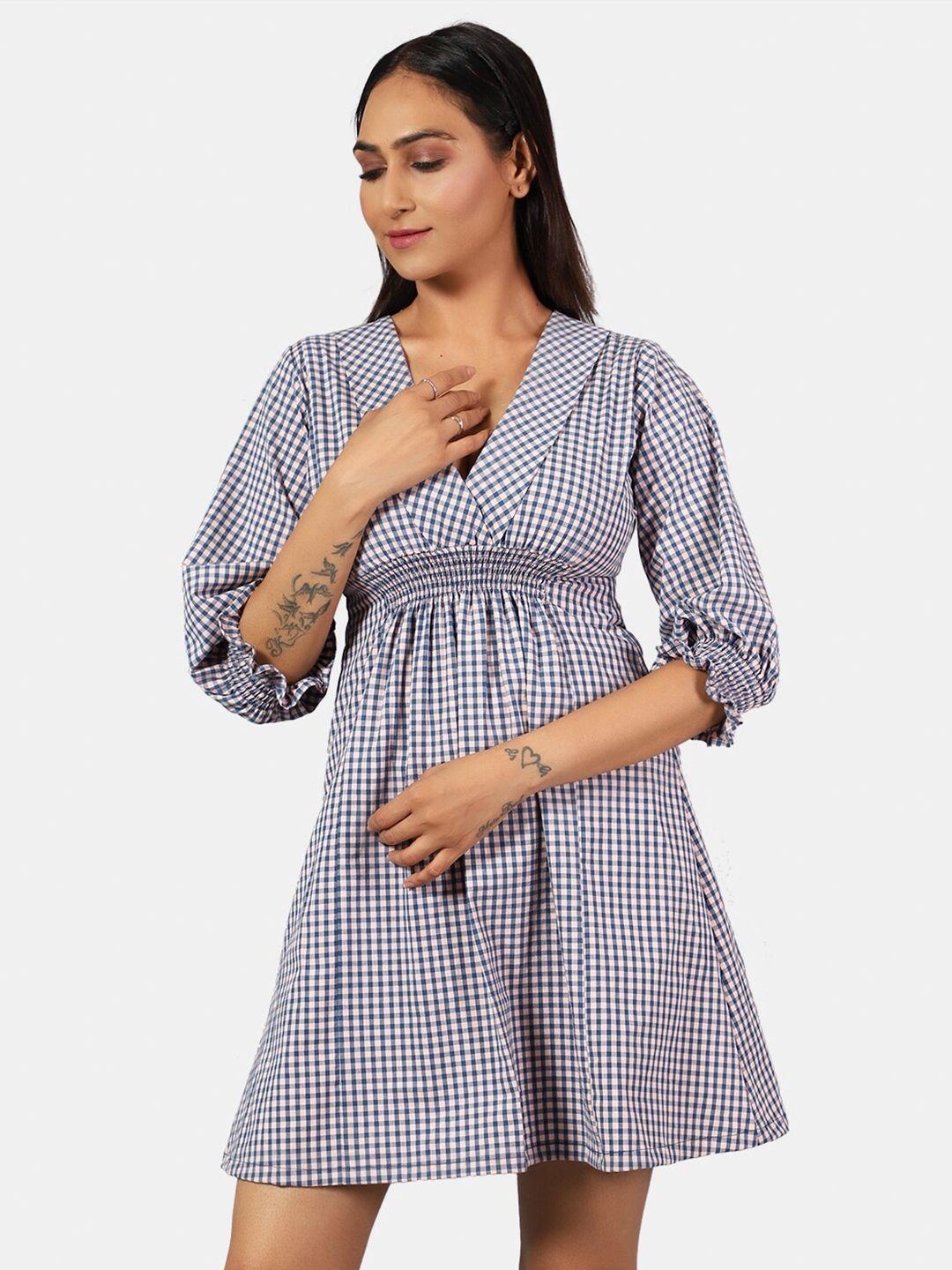 indophilia checked puff sleeves pure cotton empire mini dress