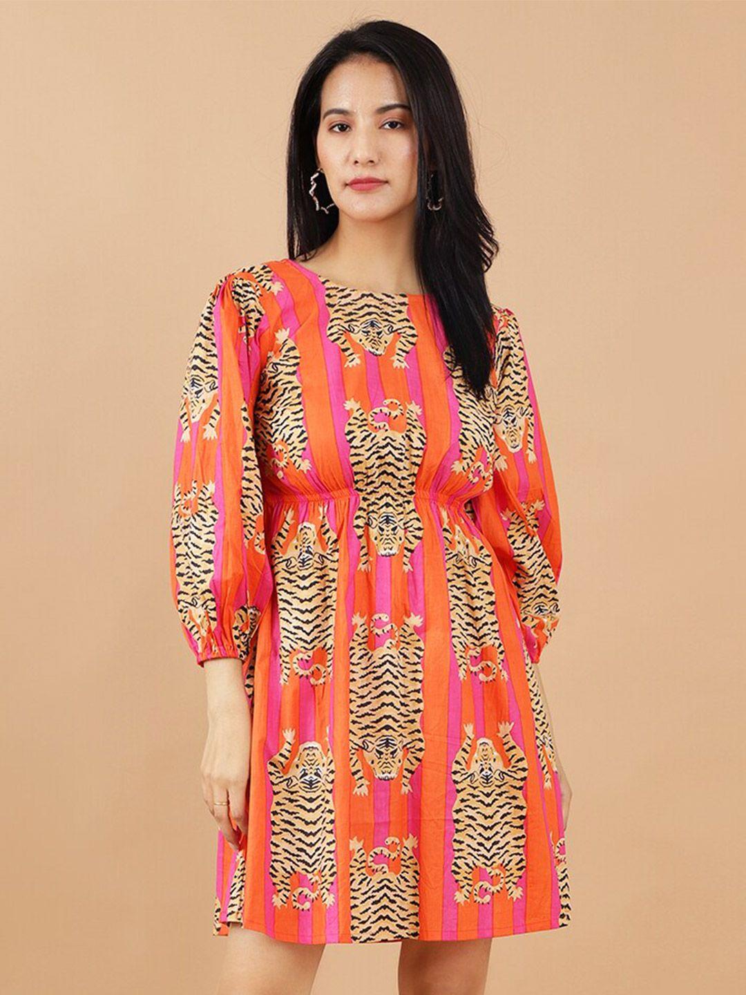 indophilia conversational print puff sleeve fit & flare dress