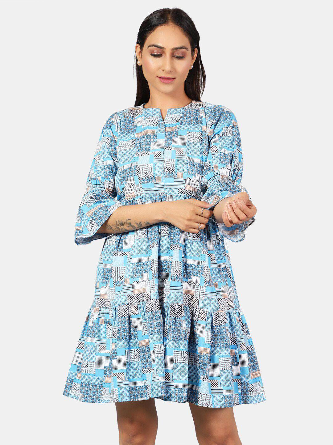 indophilia ethnic motif printed bell sleeves pure cotton fit & flare dress