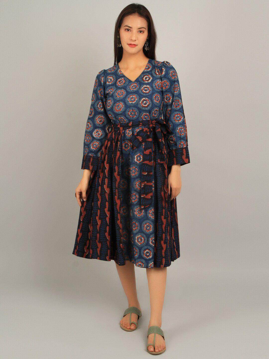 indophilia ethnic motifs printed pure cotton fit & flare midi dress