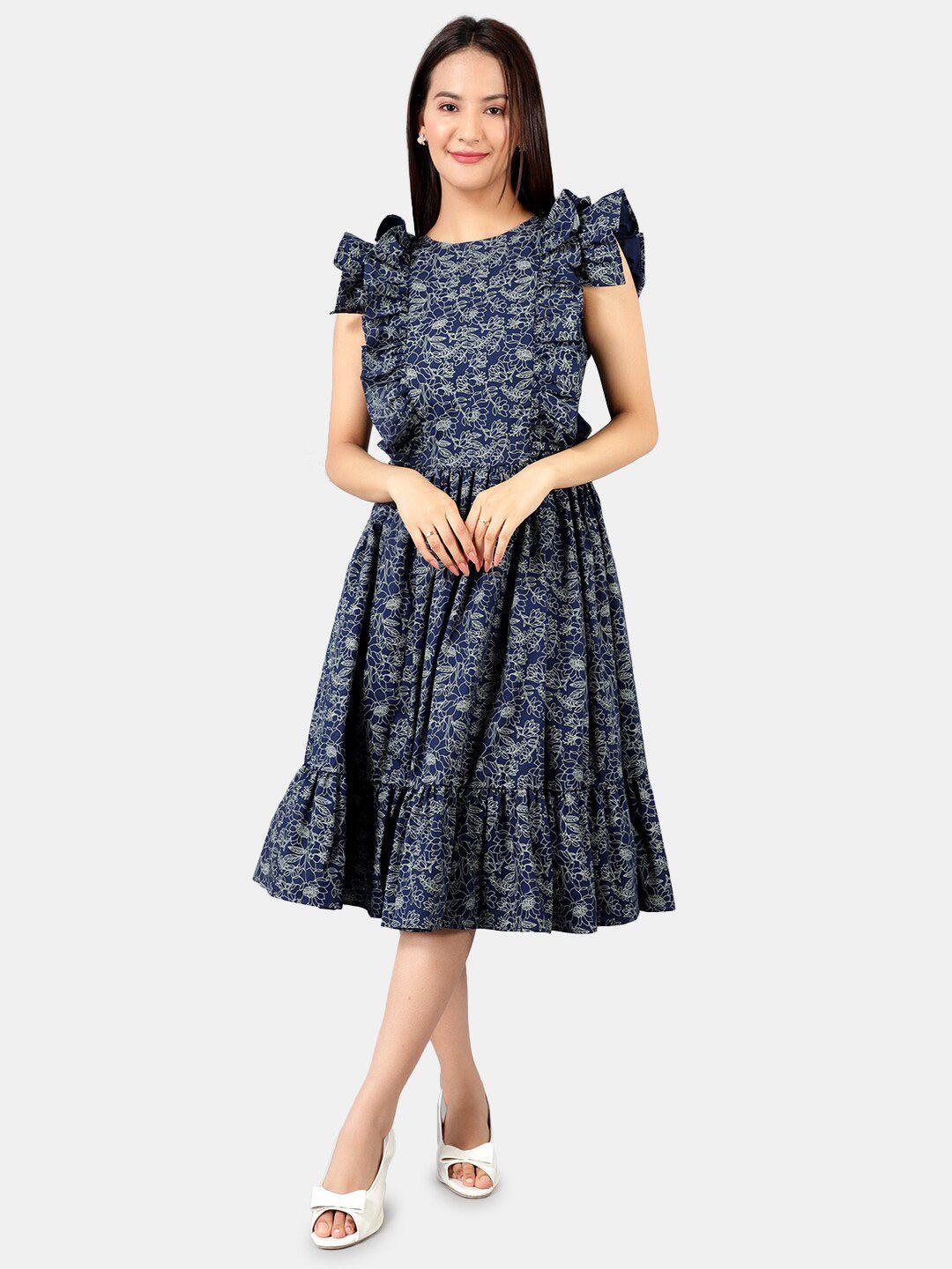 indophilia floral print flutter sleeves ruffles cotton  fit & flare midi dress