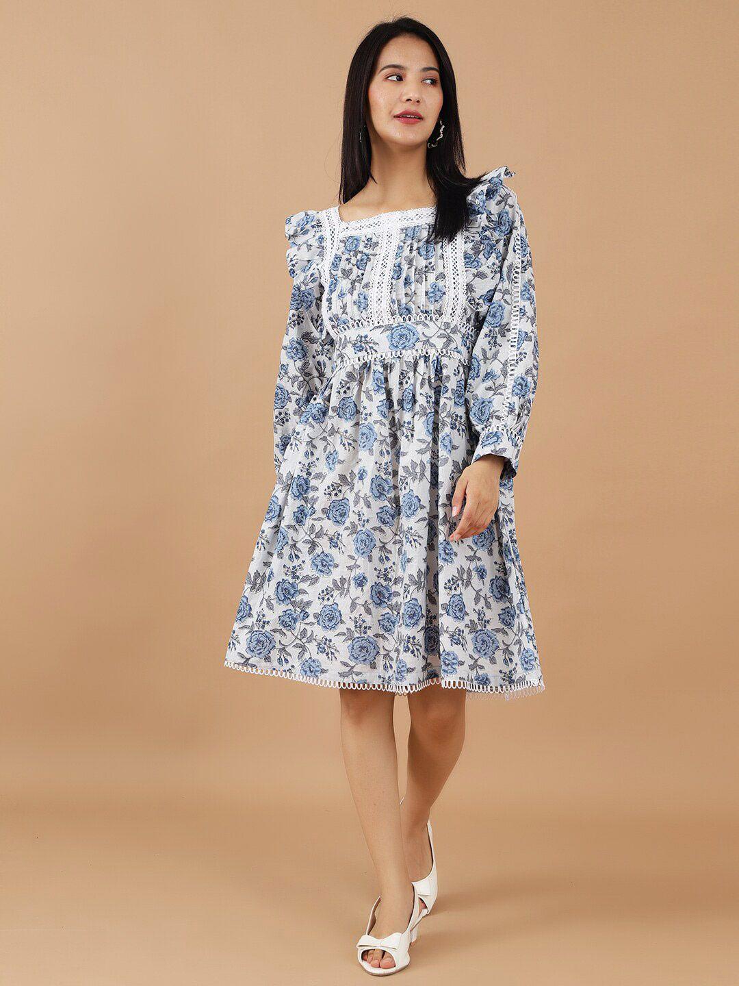 indophilia floral print puff sleeve lace up fit & flare knee length dress