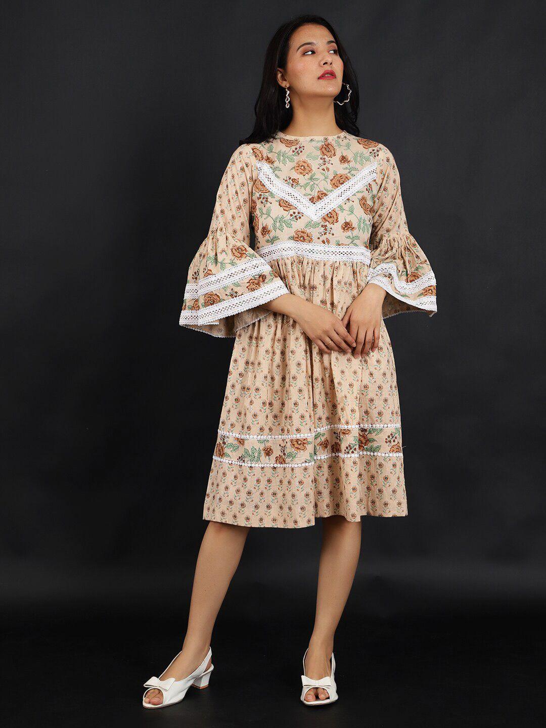 indophilia floral printed bell sleeve lace jaipur cotton fit & flare dress