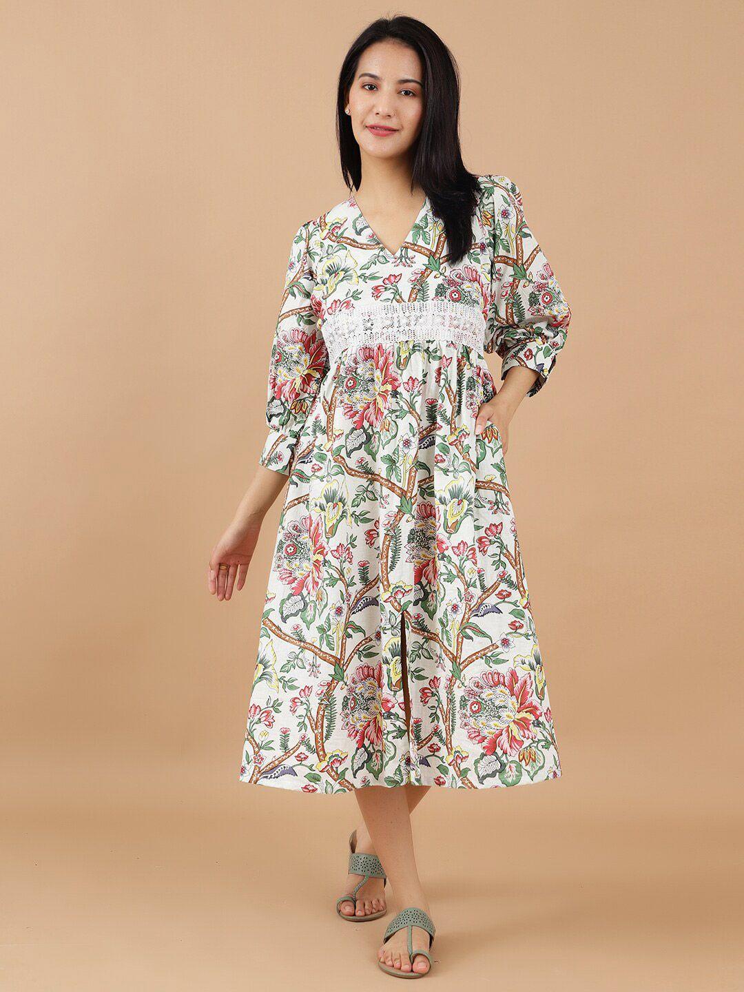 indophilia floral printed fit & flare cotton midi dress
