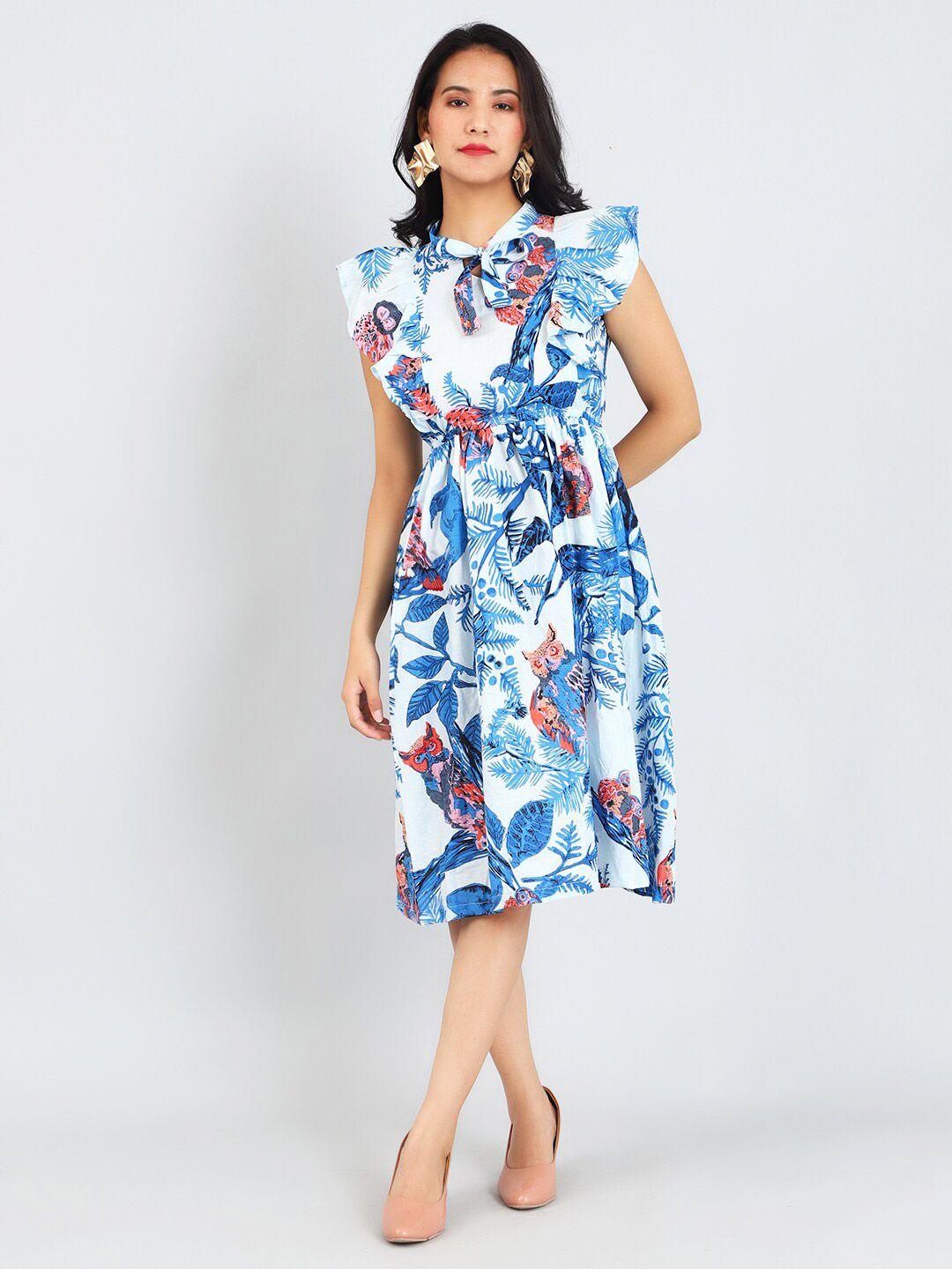 indophilia floral printed flutter sleeve fit & flare midi dress