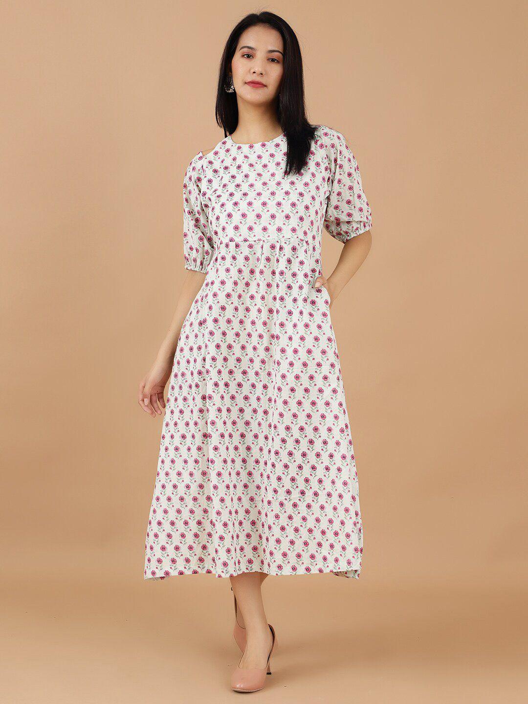 indophilia floral printed puff sleeves cotton fit & flare midi dress