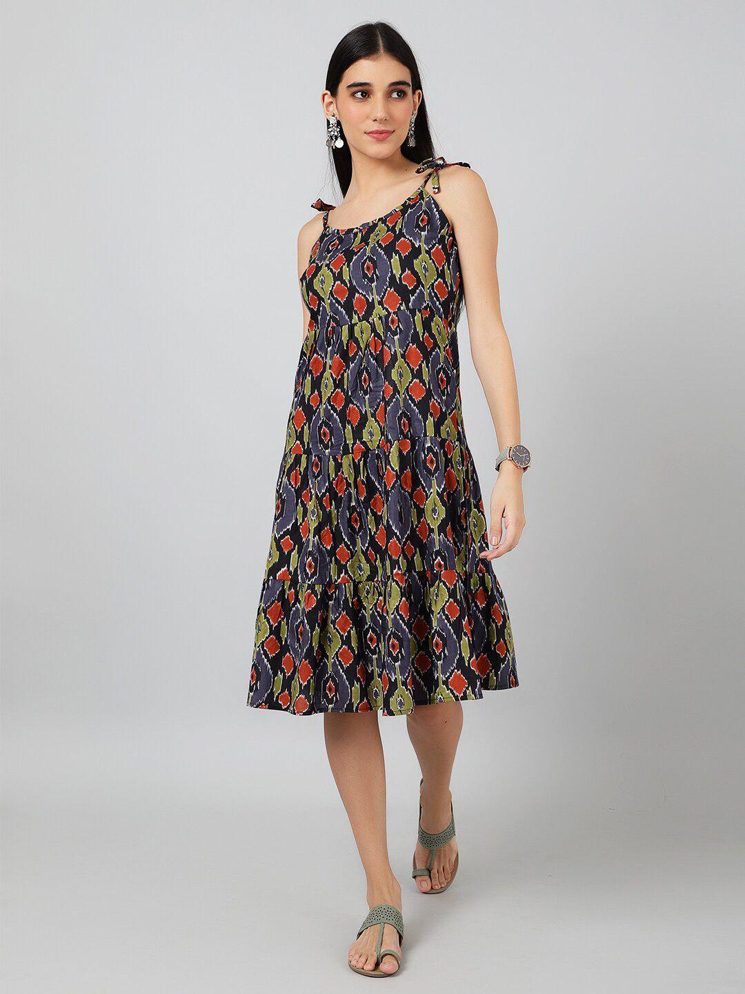 indophilia geometric printed sleeveless cotton fit & flare knee length dress
