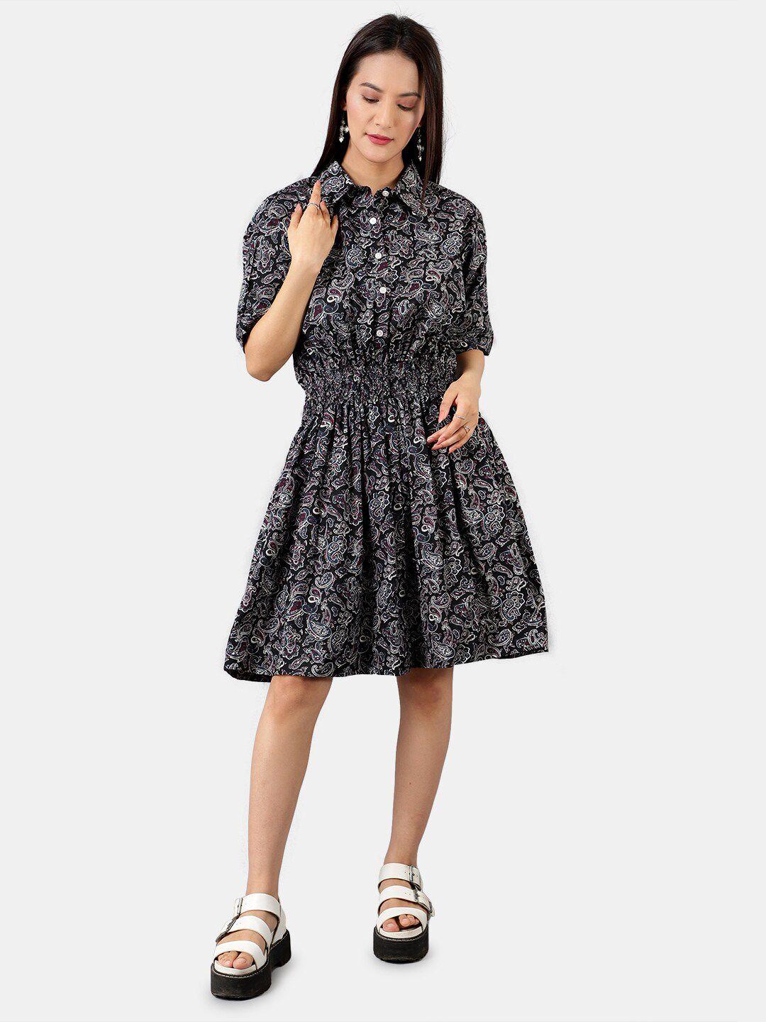 indophilia shirt collar floral printed smocked cotton fit & flare dress