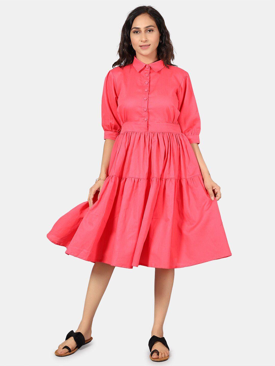 indophilia shirt collar tiered cotton linen fit and flare midi dress