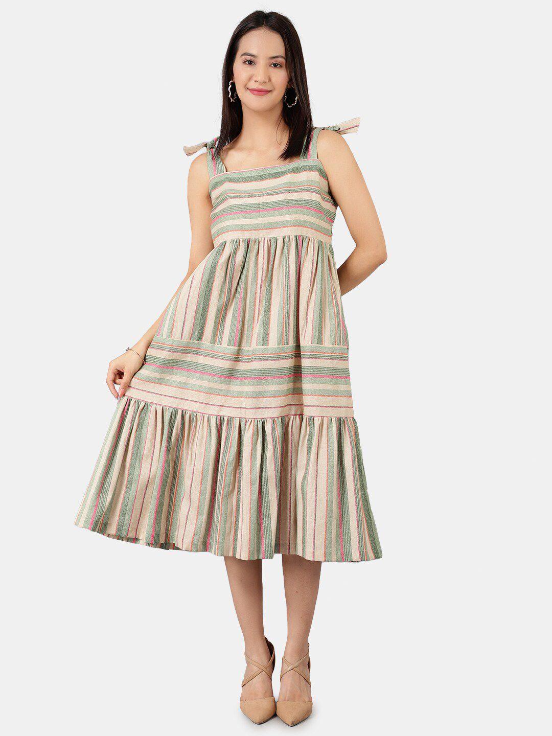 indophilia shoulder straps striped tiered cotton fit and flare midi dress