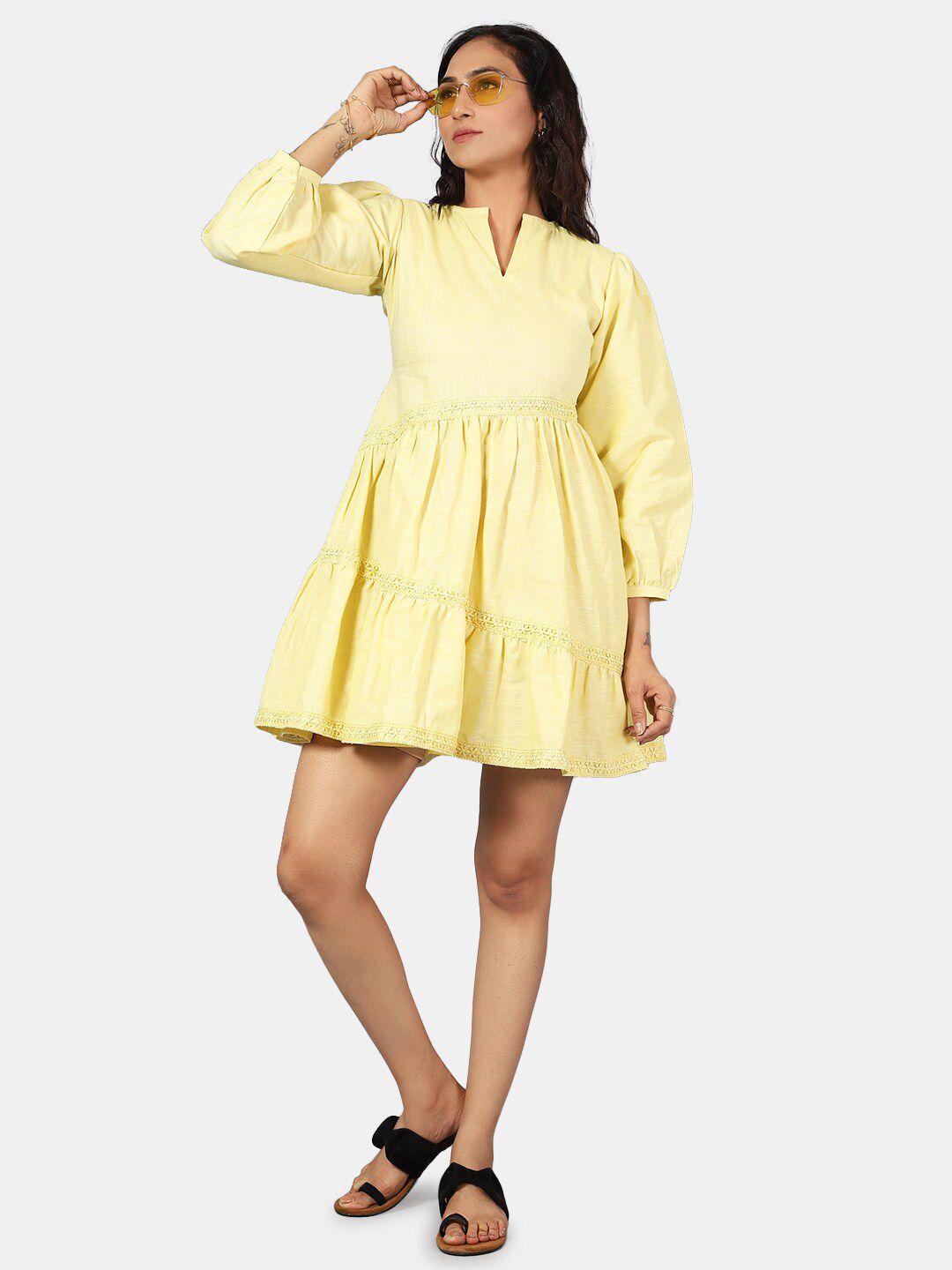 indophilia square neck cotton linen puff sleeve fit & flare mini dress