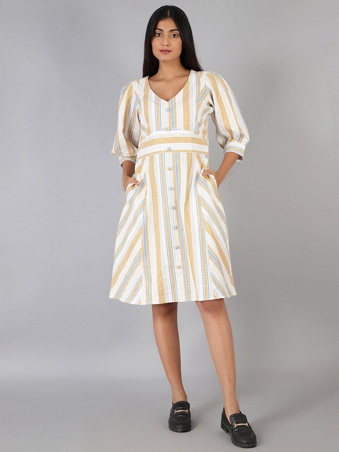 indophilia striped a-line cotton linen fit & flare dress
