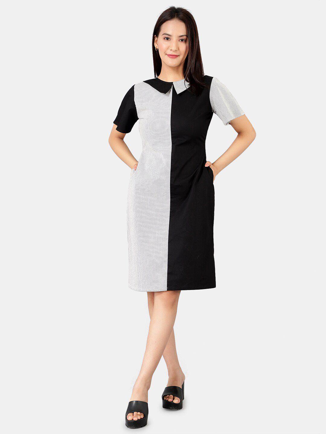 indophilia striped colourblocked peter pan collar cotton sheath dress