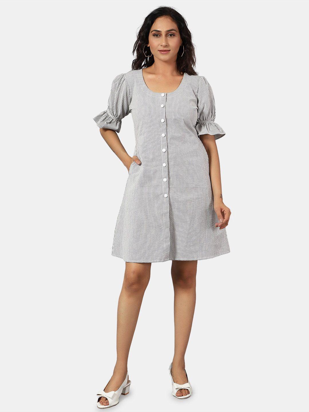 indophilia striped puff sleeves cotton a-line dress