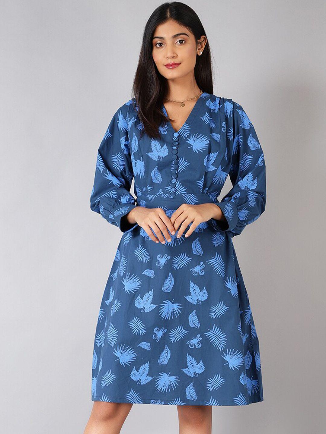 indophilia tropical printed belted puff sleeve a-line dress