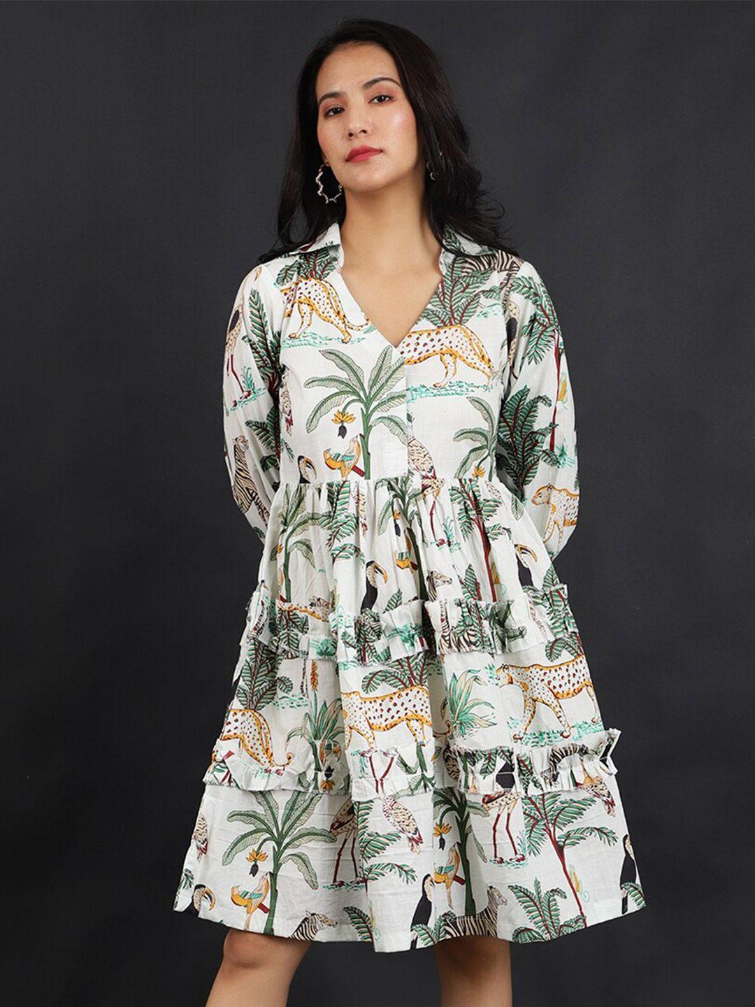 indophilia tropical printed shirt collar cotton fit & flare knee length dress