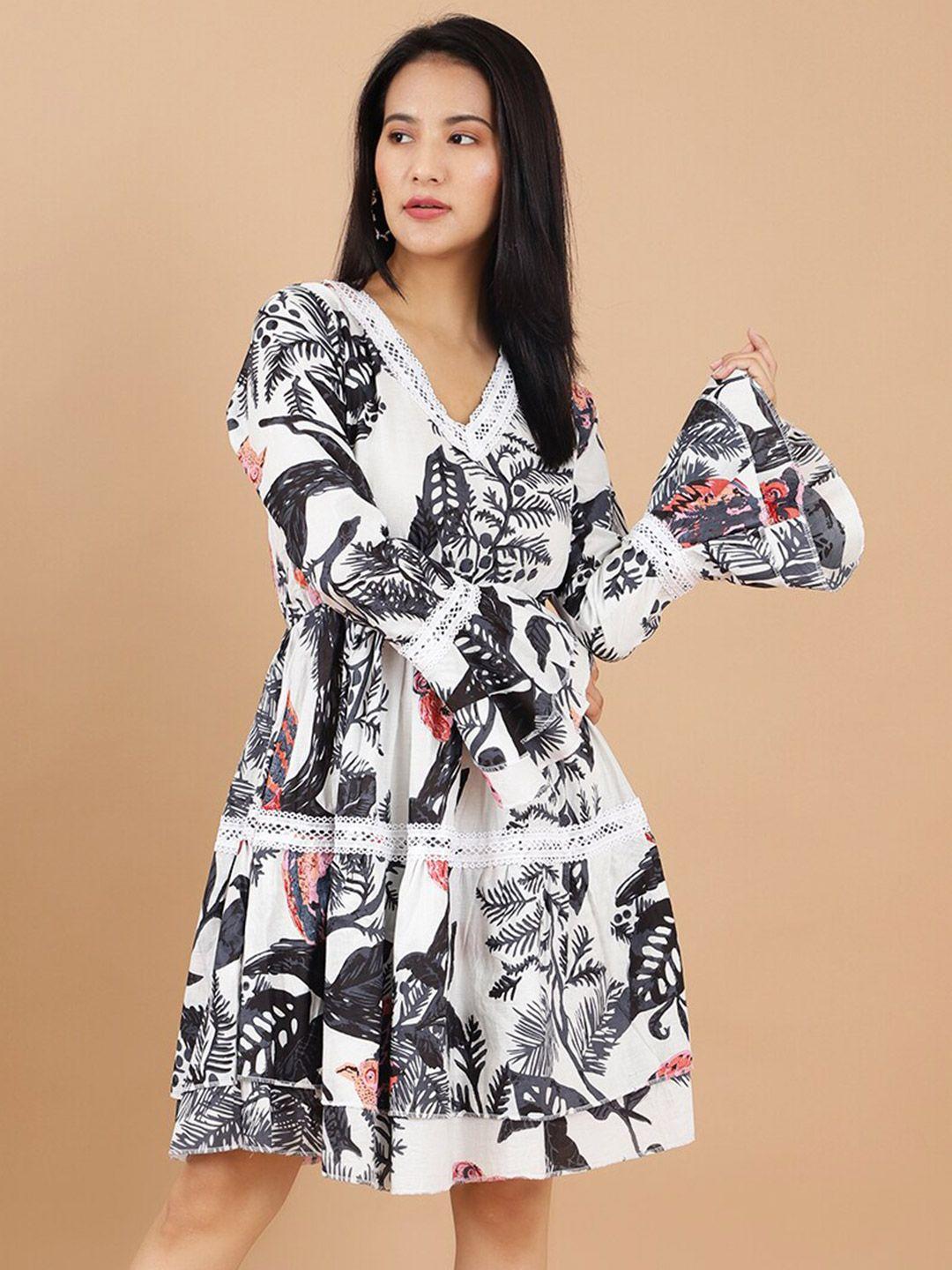 indophilia tropical printed v-neck cotton fit & flare knee length dress