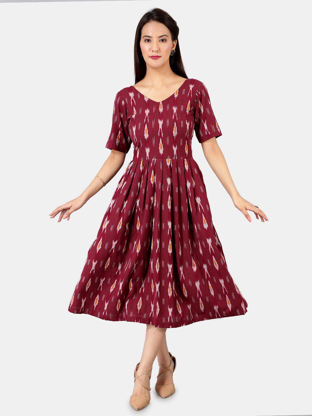 indophilia v-neck ethnic motifs ikat printed cut out cotton fit and flare midi dress
