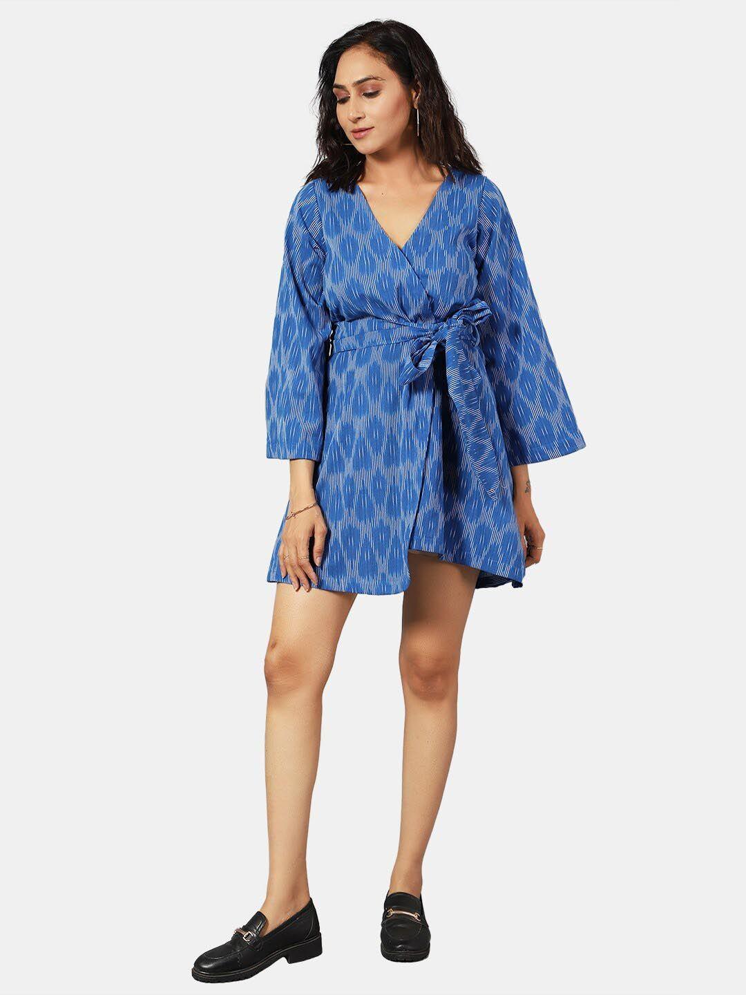 indophilia v-neck ikat printed tie up cotton mini wrap dress