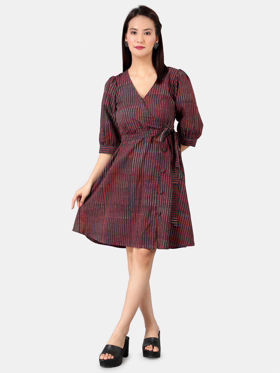 indophilia v-neck striped printed cotton wrap dress with belt