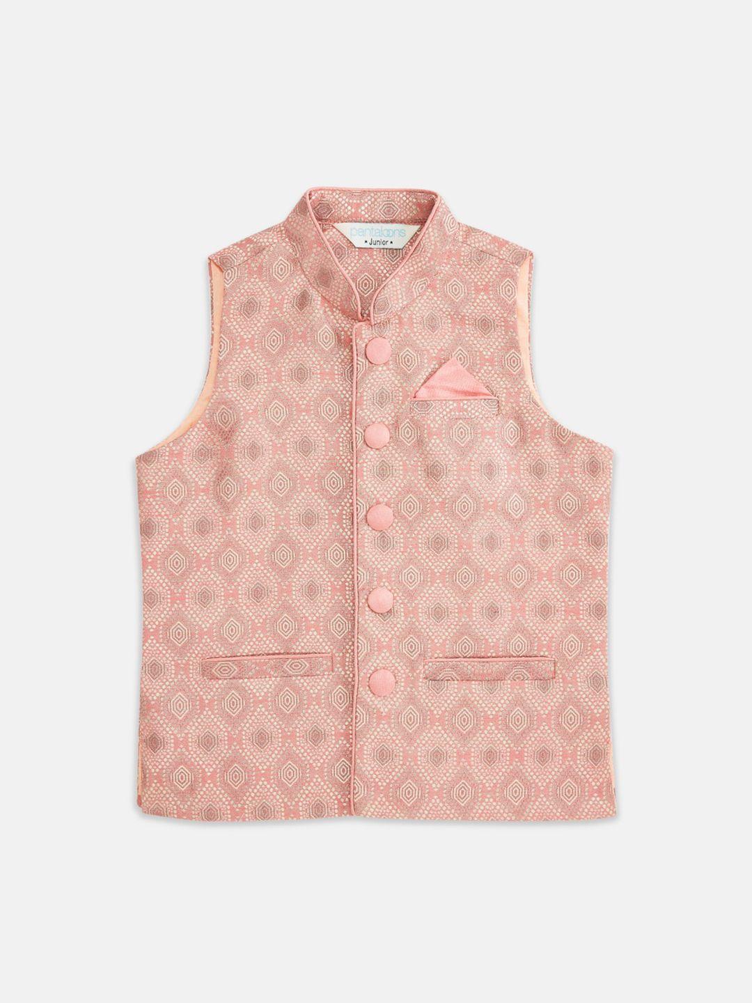 indus route by pantaloons boys pink & off-white woven design waistcoat