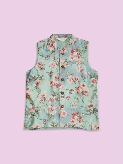 indus route by pantaloons kids mint green & pink floral print waistcoat