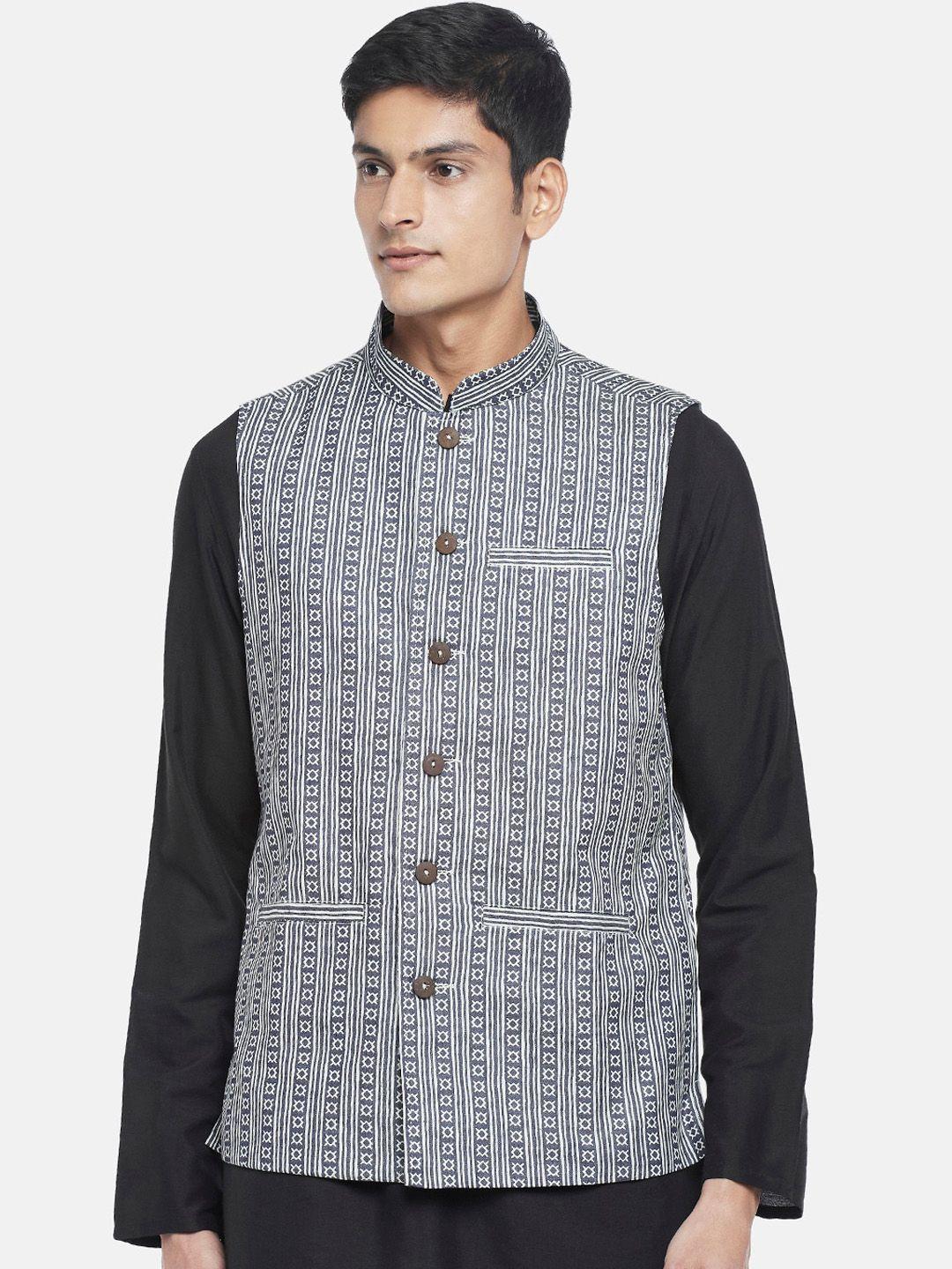indus route by pantaloons men blue & white printed pure cotton woven waistcoat