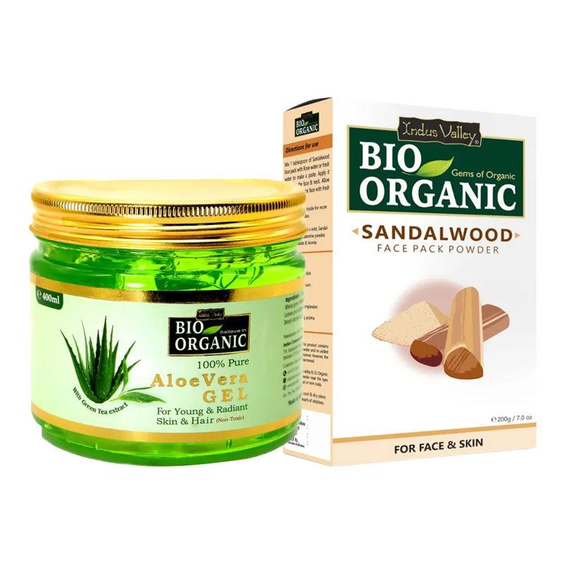 indus valley bio organic 100% pure aloe vera gel & sandalwood powder for glowing skin & de-tan combo