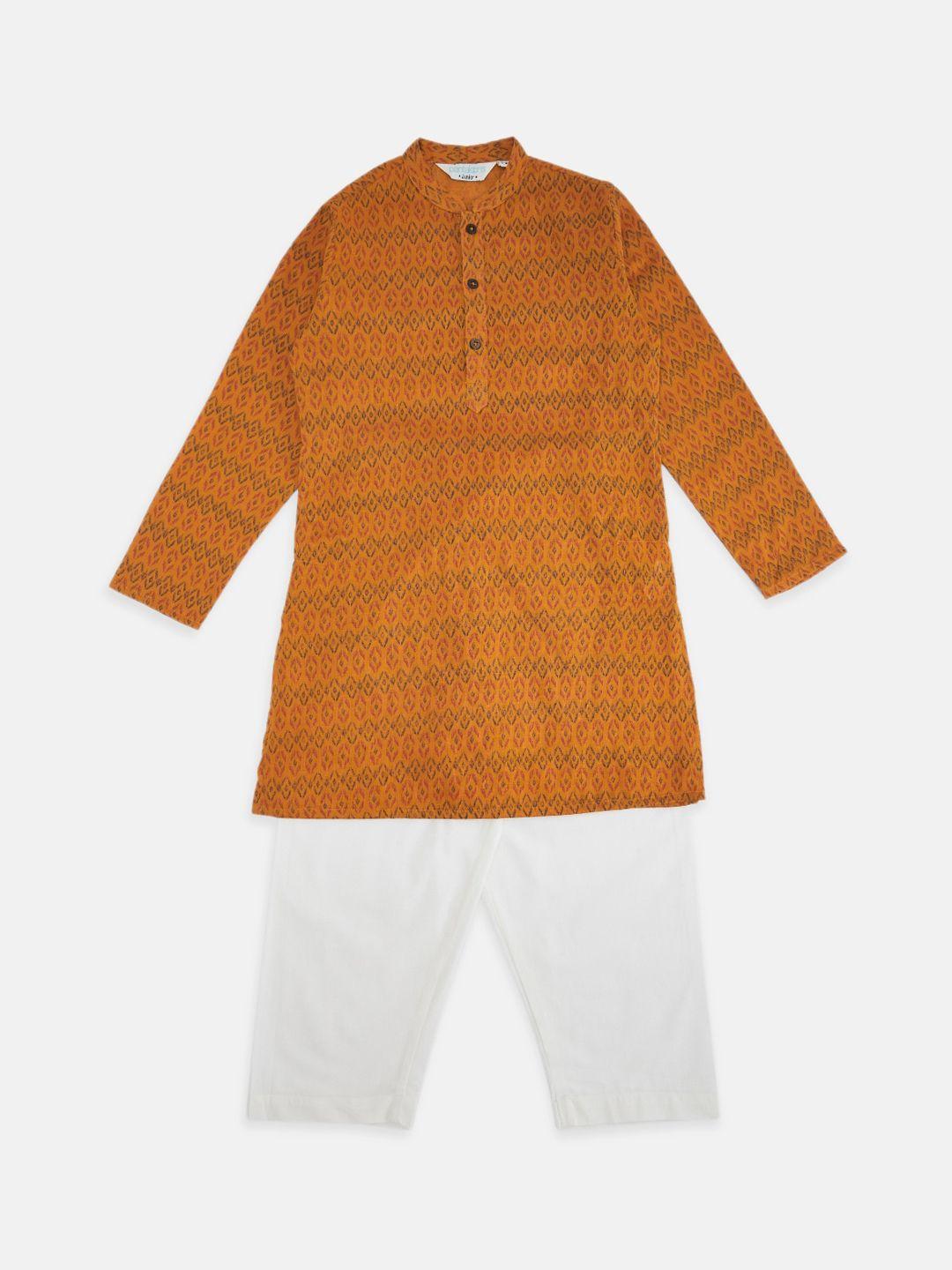 indus route by pantaloons boys mustard yellow & pink print pure cotton kurta with pyjamas