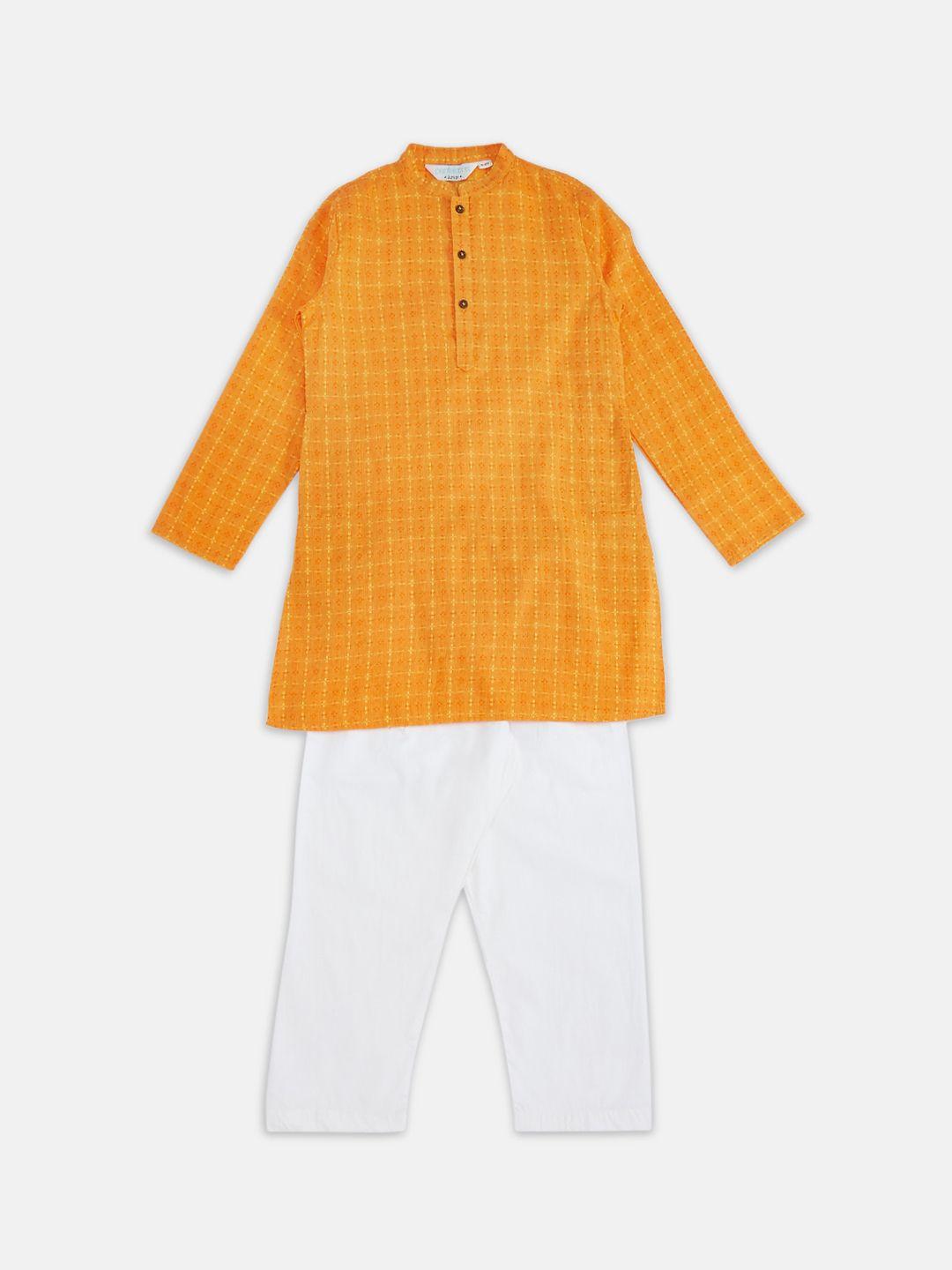 indus route by pantaloons boys mustard yellow & white pure cotton kurta with pyjamas