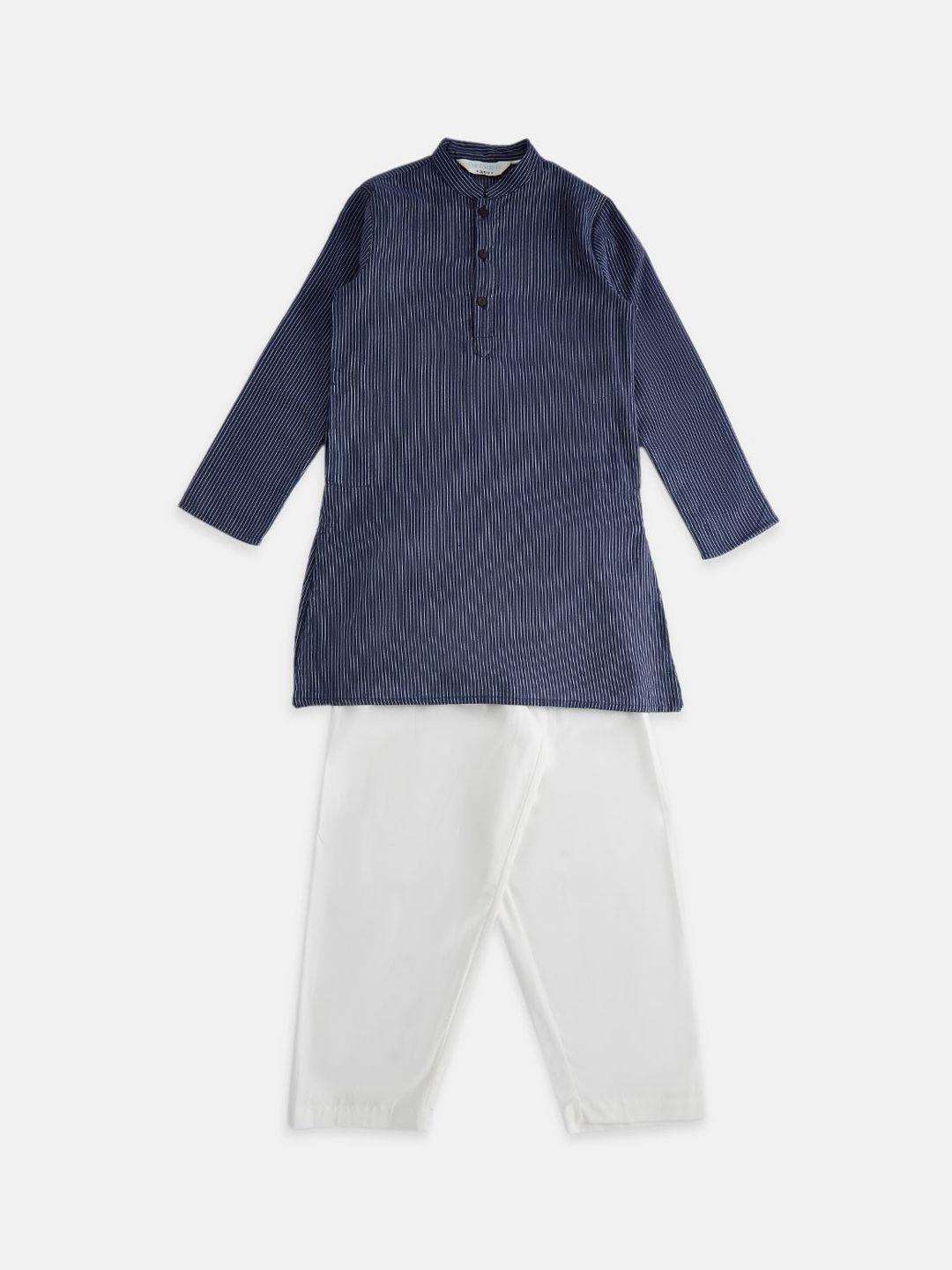 indus route by pantaloons boys navy blue striped pure cotton kurta with pyjamas