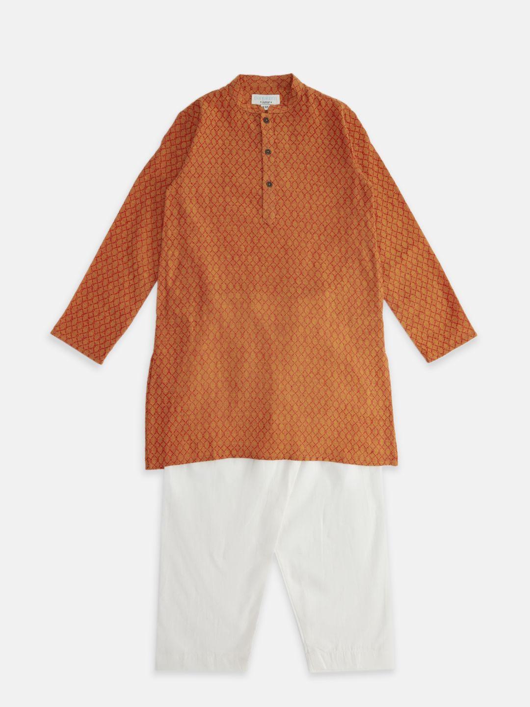indus route by pantaloons boys orange printed pure cotton kurta with pyjama set