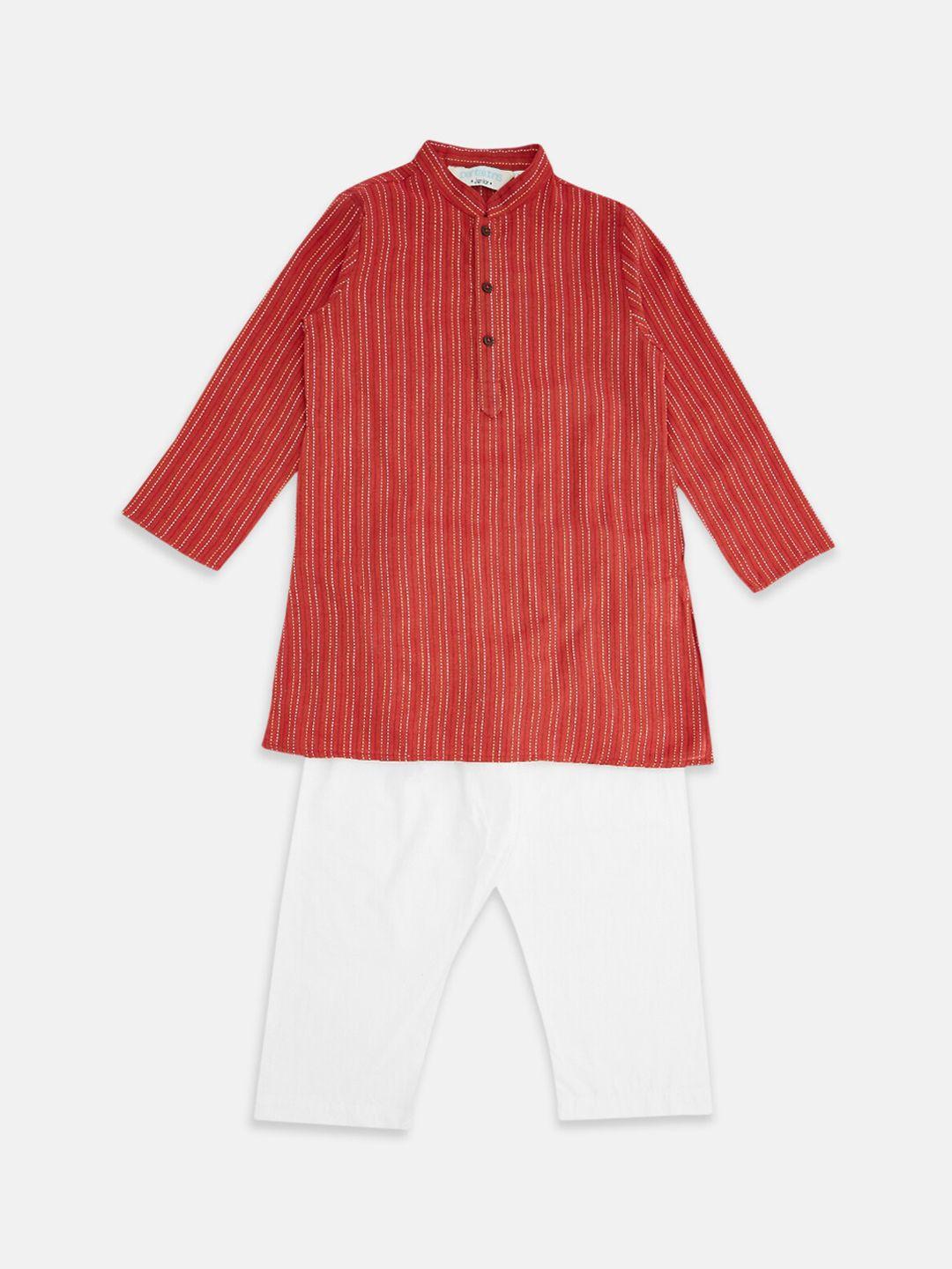 indus route by pantaloons boys red & white striped pure cotton kurta with pyjamas