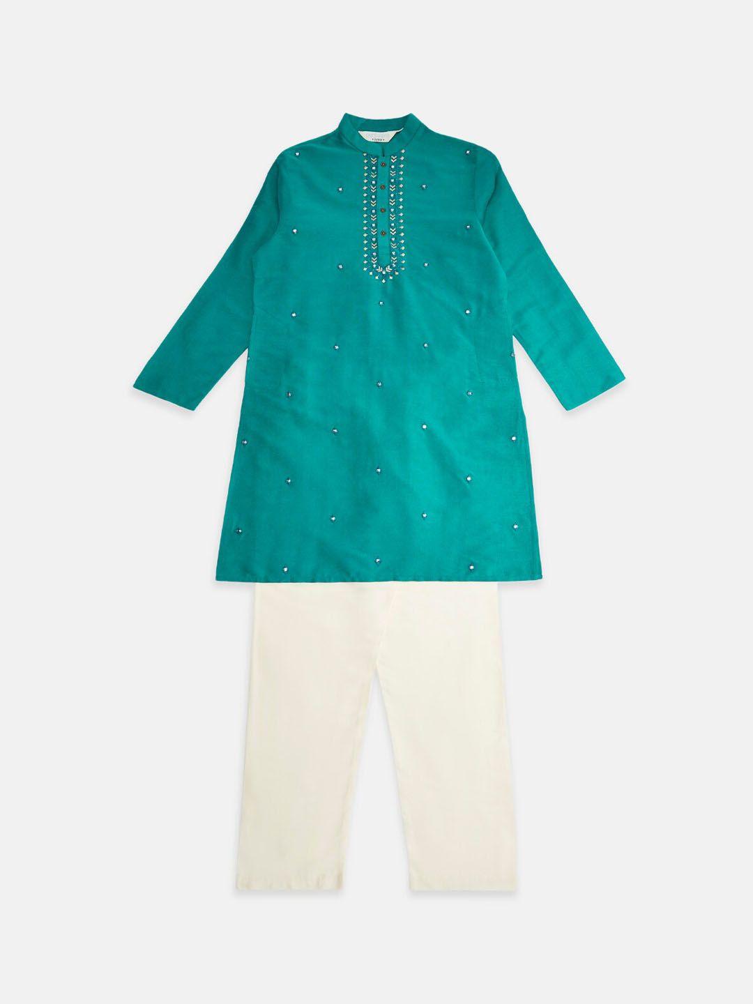 indus route by pantaloons boys teal green & white embroidered kurta with pyjama