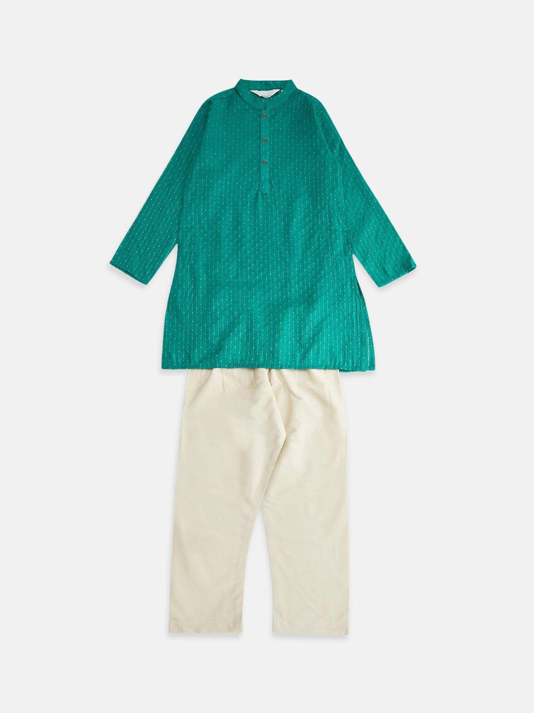 indus route by pantaloons boys teal green & white striped kurta with pyjama