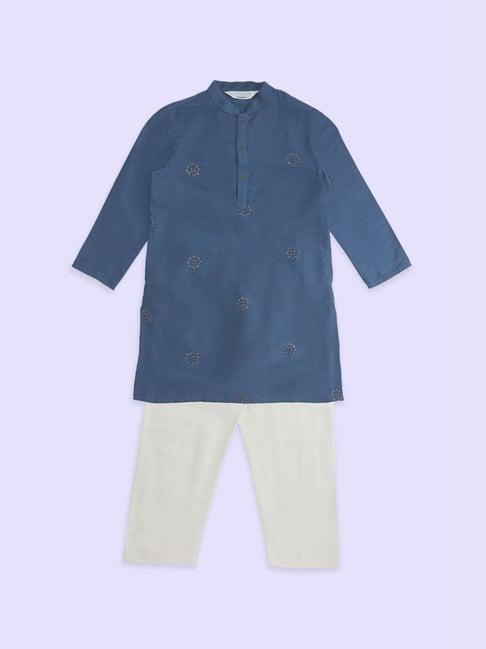 indus route by pantaloons kids blue & white embroidered full sleeves kurta set