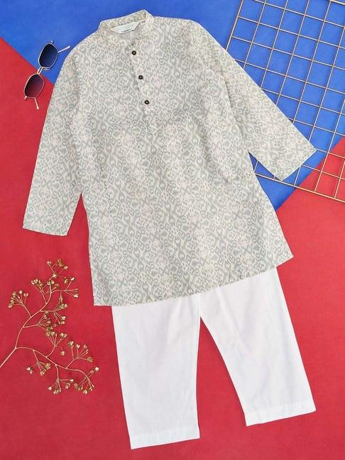 indus route by pantaloons kids grey & white cotton printed full sleeves kurta set