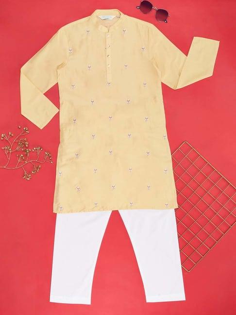 indus route by pantaloons kids honey mustard & white embroidered full sleeves kurta set